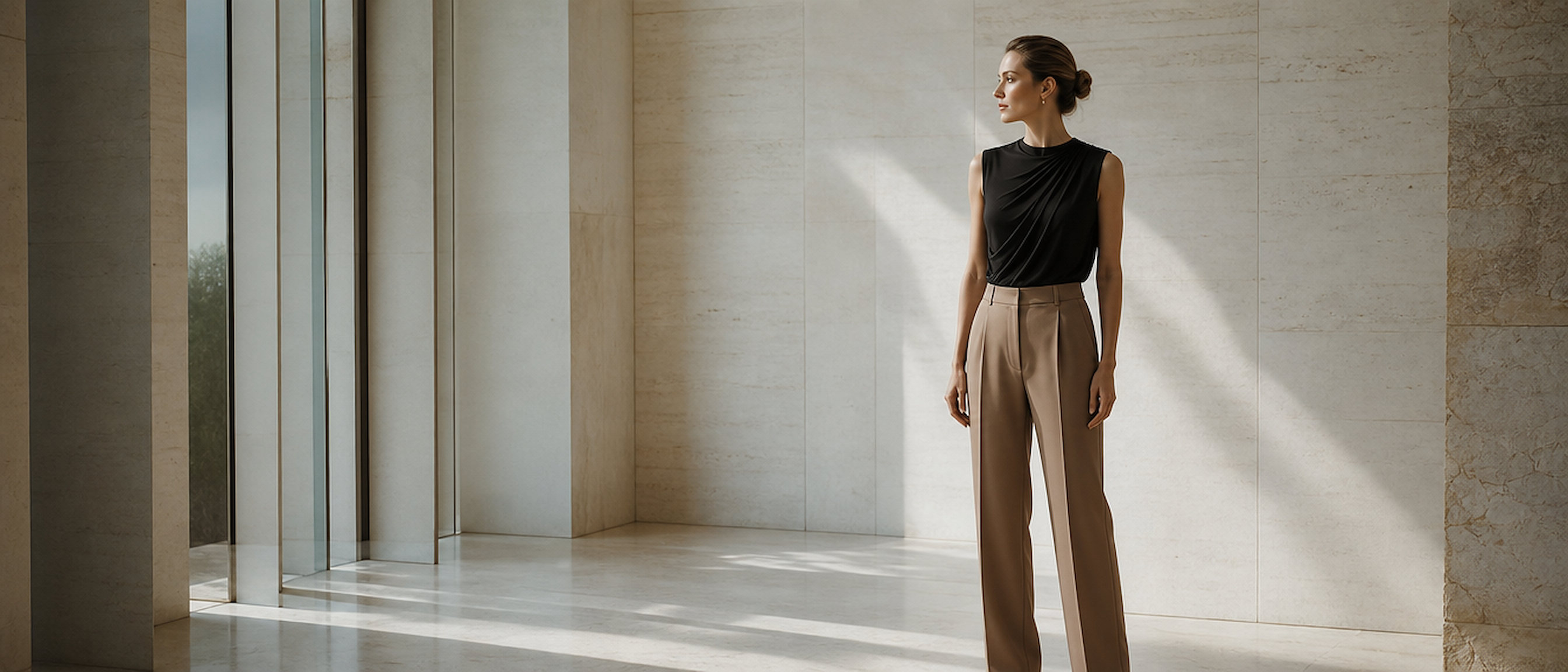 GLINEA - the draped top with tailored trousers, in a sunlit stone interior