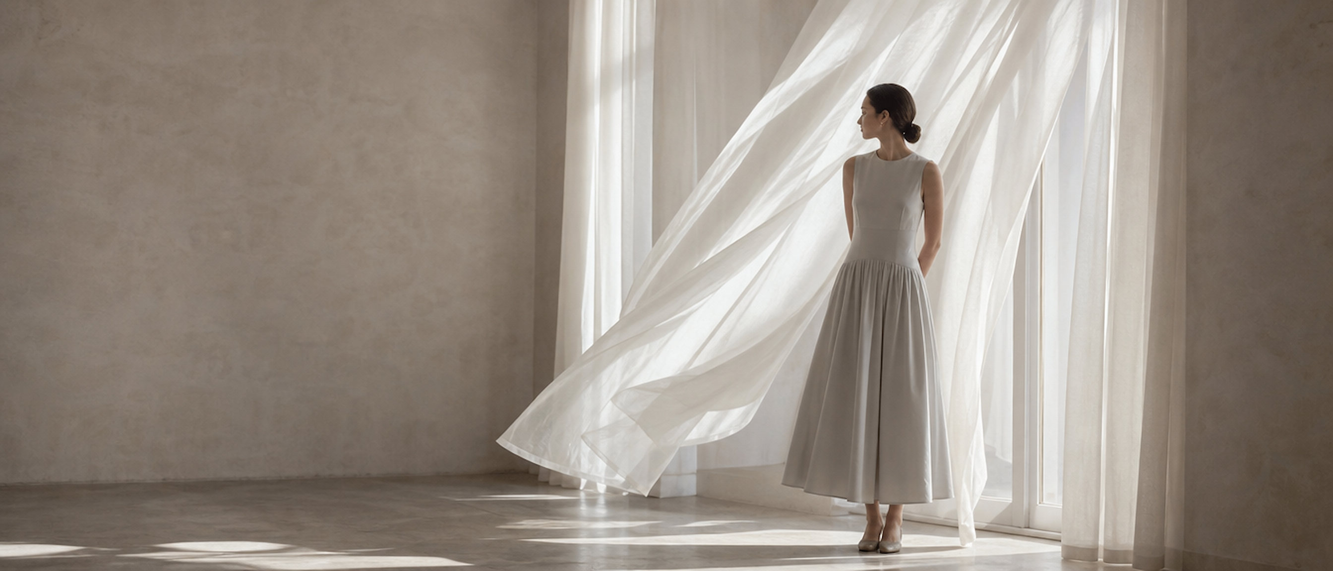 GLINEA - the grey gathered dress beside drifting sheer curtains