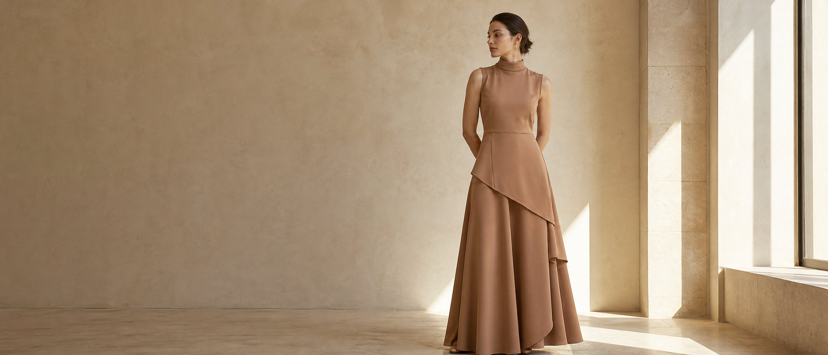 GLINEA - the camel peplum top with the matching wrap skirt, in a sunlit stone hall