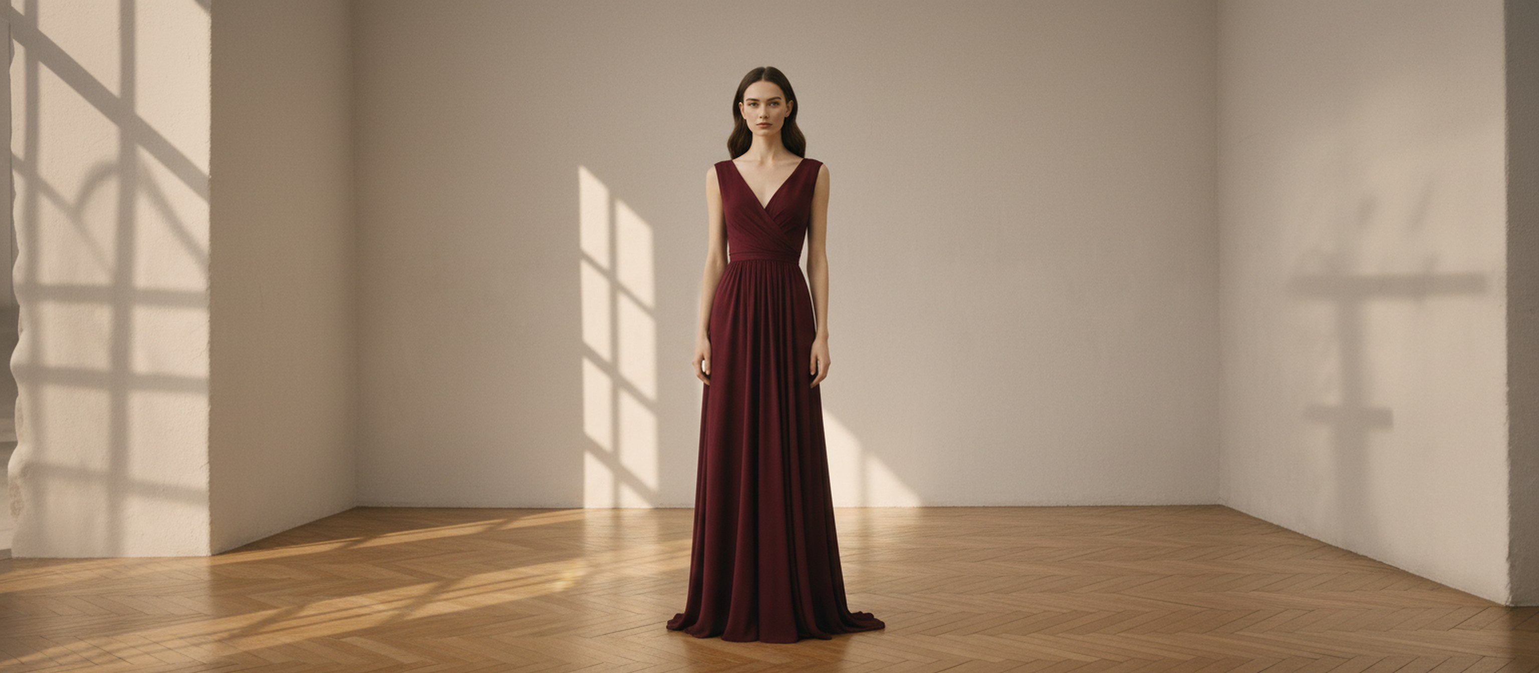 GLINEA - woman in a flowing burgundy gown in a sunlit atelier